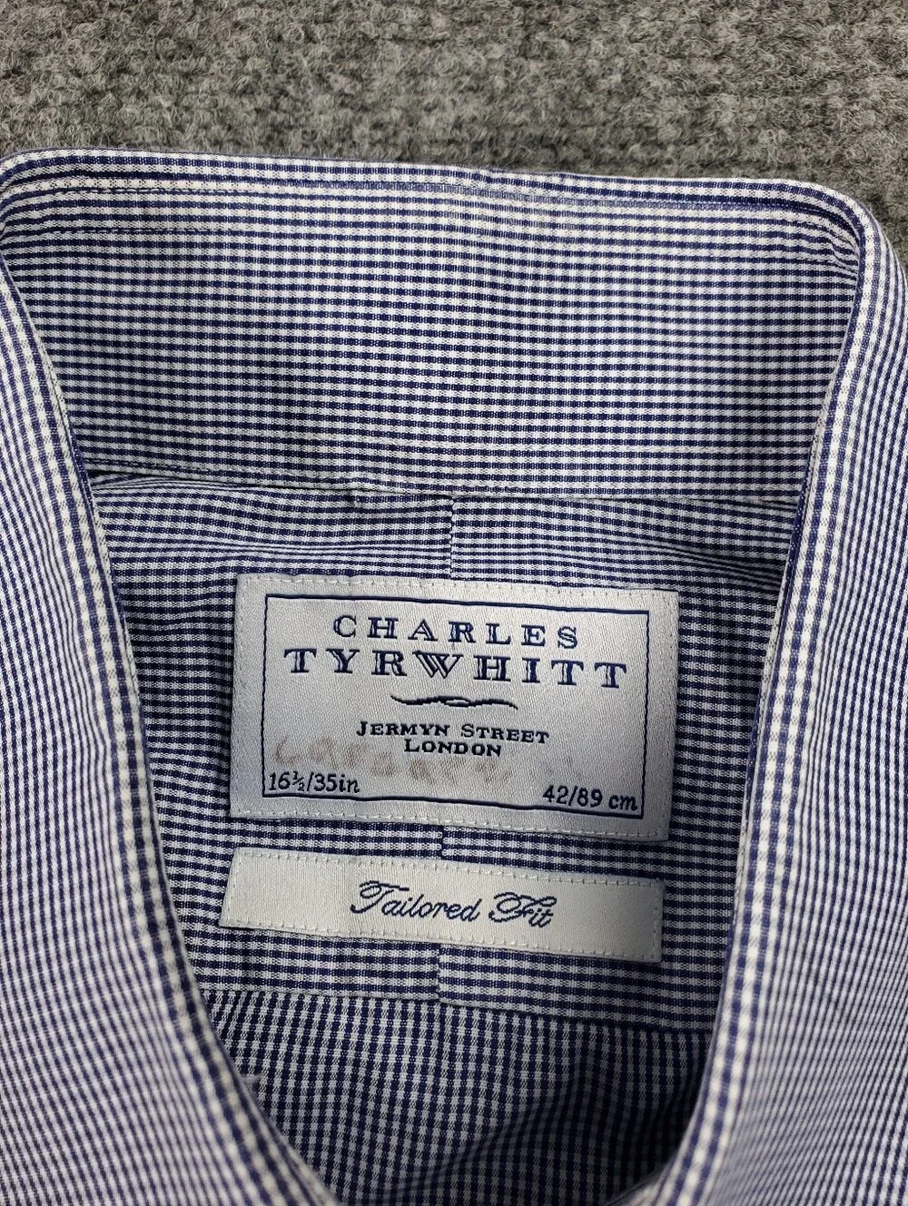Charles Tyrwhitt Gingham Dress Shirt 16.5 35 Tailored Navy White Business Casual